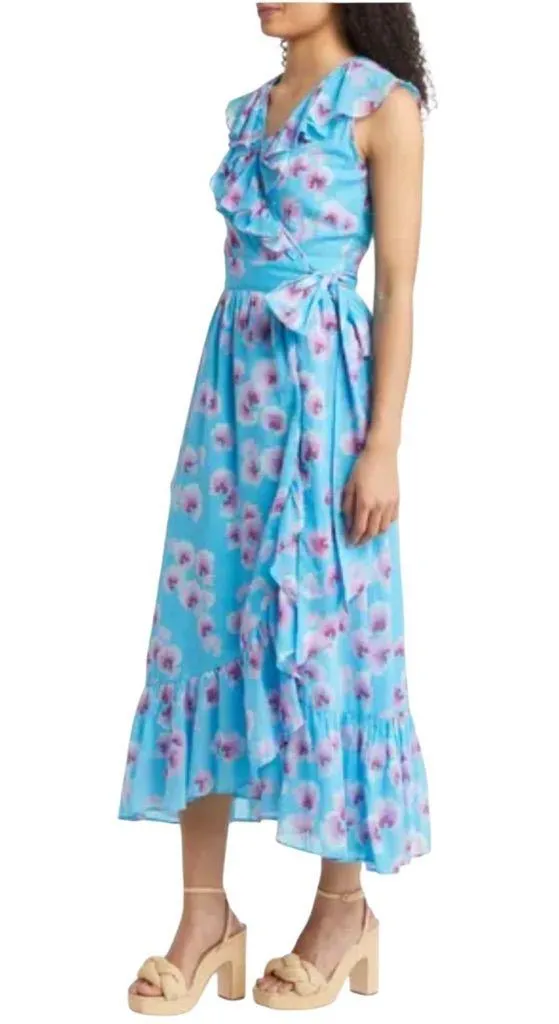 NWT Banjanan Anthropologie Elise Cotton Floral Wrap Midi Dress Blue Size XS - Image 15