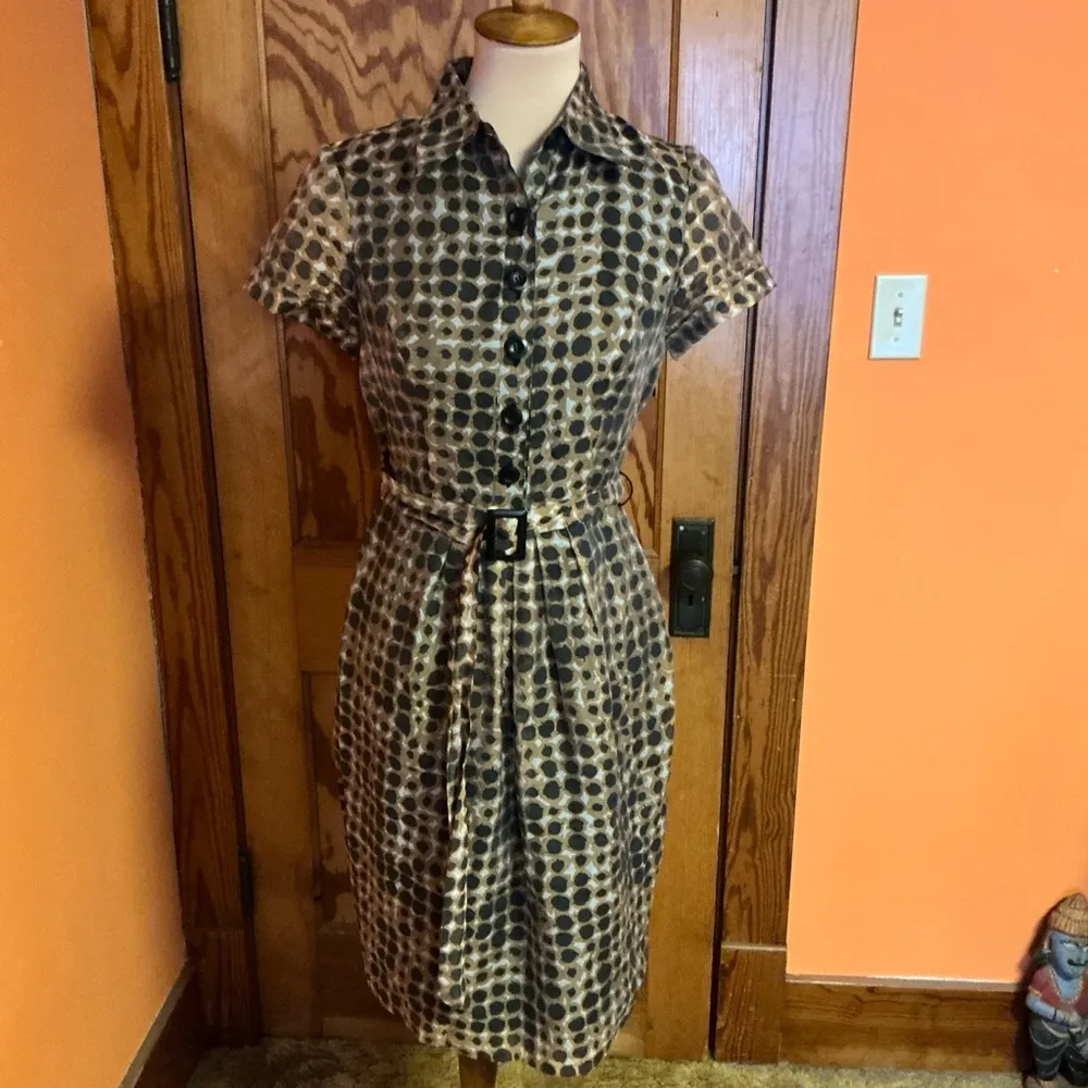 Adrianna Papell Polka Dot Belted Midi Dress Retro Inspired Neutral Tones - Image 7