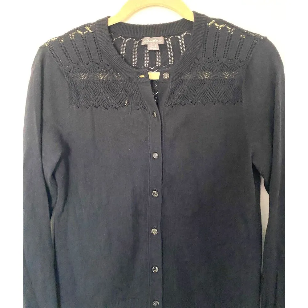 Eddie Bauer Black Crochet Eyelet Knit Crew Neck Long Sleeve Cardigan Sweater S - Image 3