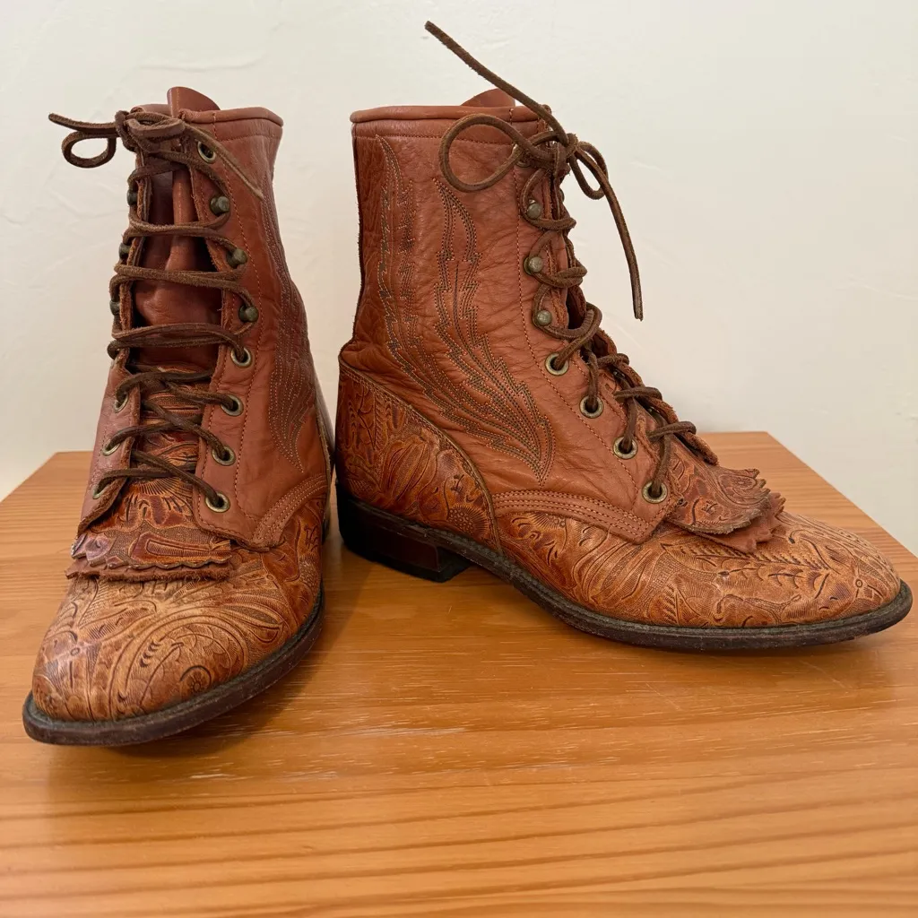 Rare Vintage Larry Mahan Leather Kiltie Lace Up Western Boots Brown Size 8.5 - Image 2