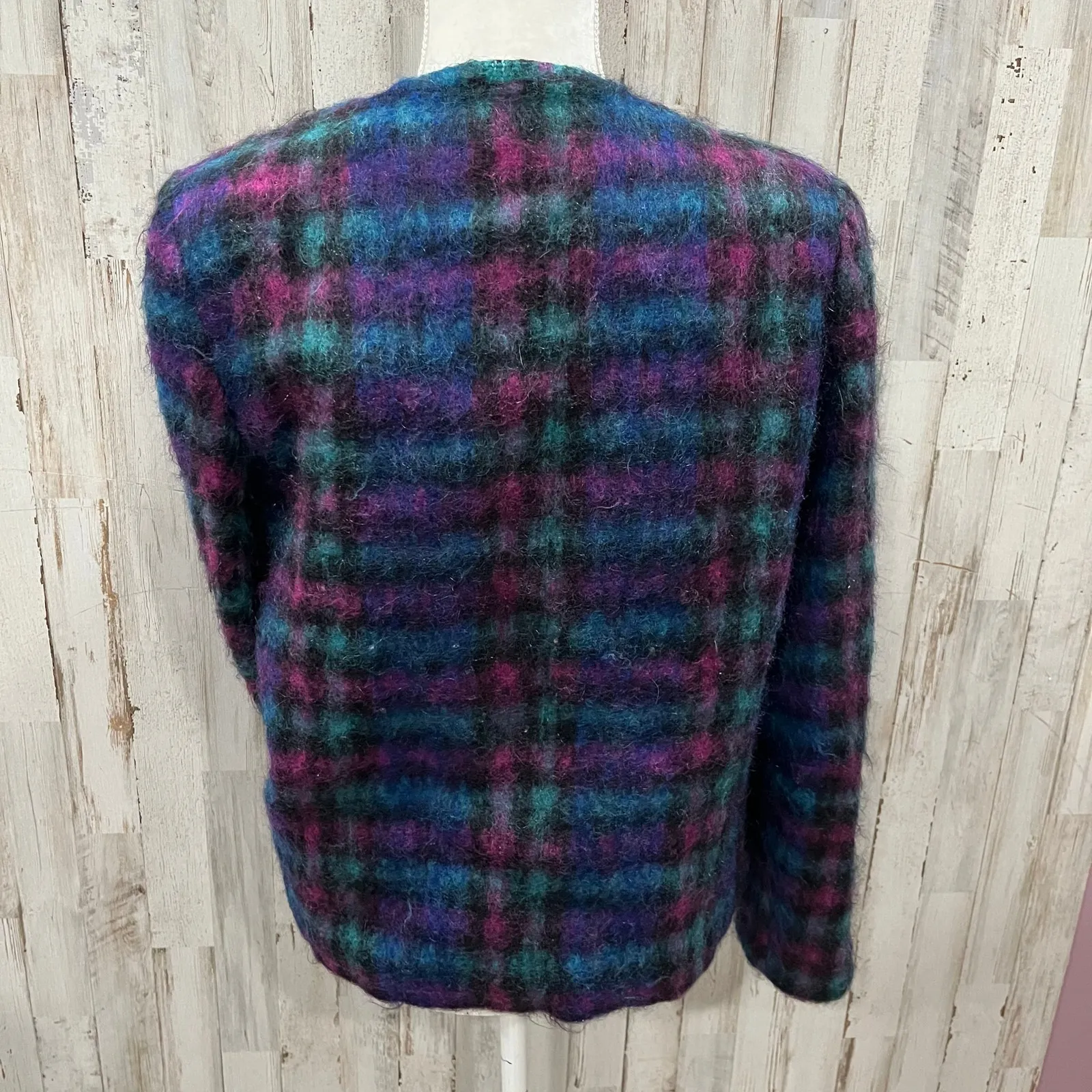 Vintage Lombardi Open Front Colorful Fuzzy Plaid Blazer Jacket Womens Medium 80s Blue - Image 4