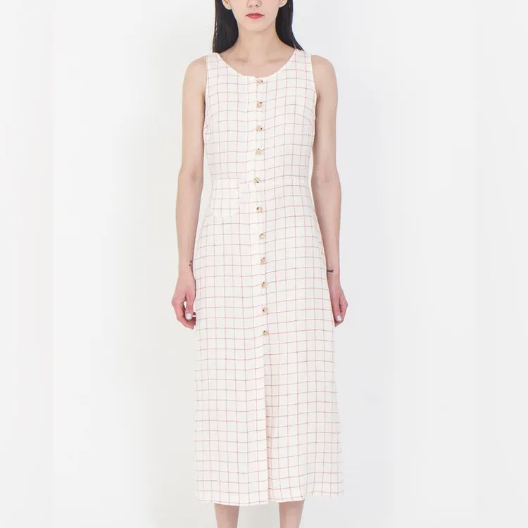 Paloma Wool Galatea 100% Linen Checkered Sleeveless Midi Dress Size UK 40 /US 6 White - Image 14