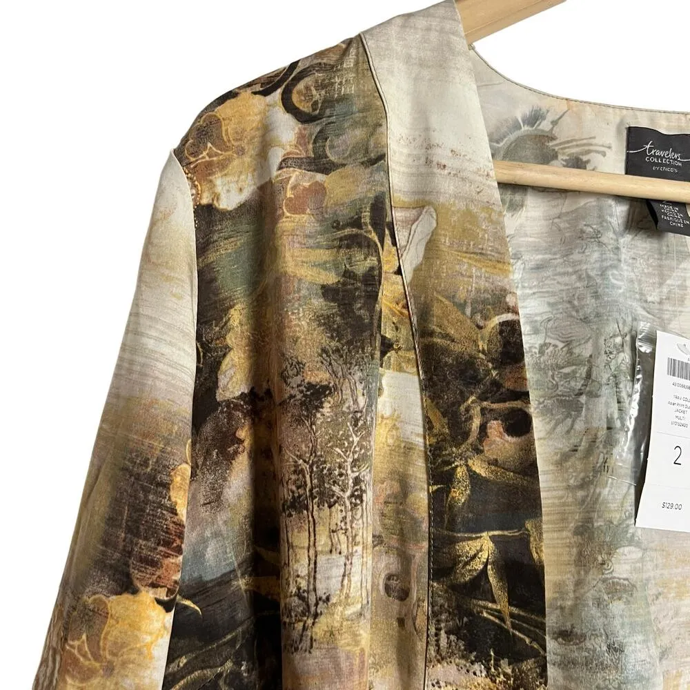 Chico’s Travelers Asian Printed Brown 3/4 Sleeve Duster Jacket Size 12 - Image 7