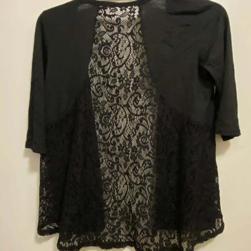 Womens Black Thin Open Cardigan Lace Back Top S Small Bust 34” 3/4 Sleeves - Image 4