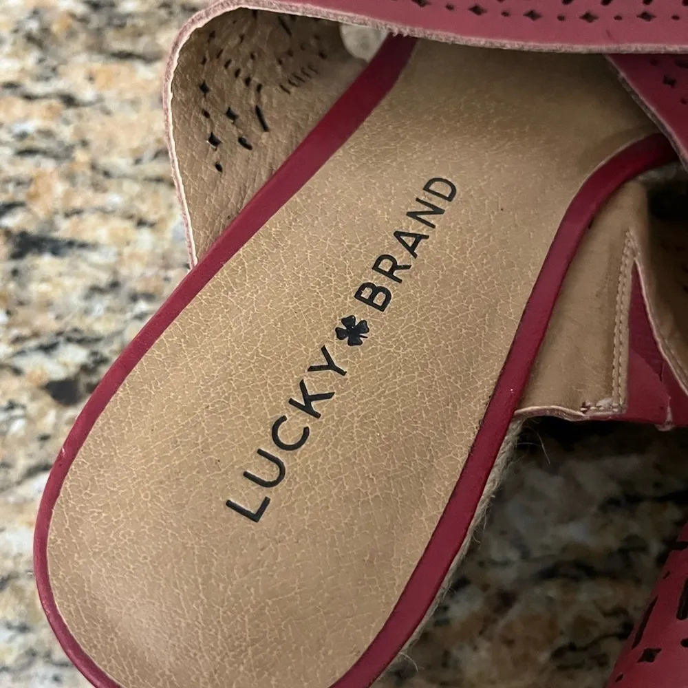 Lucky Brand Wedge Keela Rosewood Open Toe Leather Slip On  Sandals Size 8 Beach - Image 11