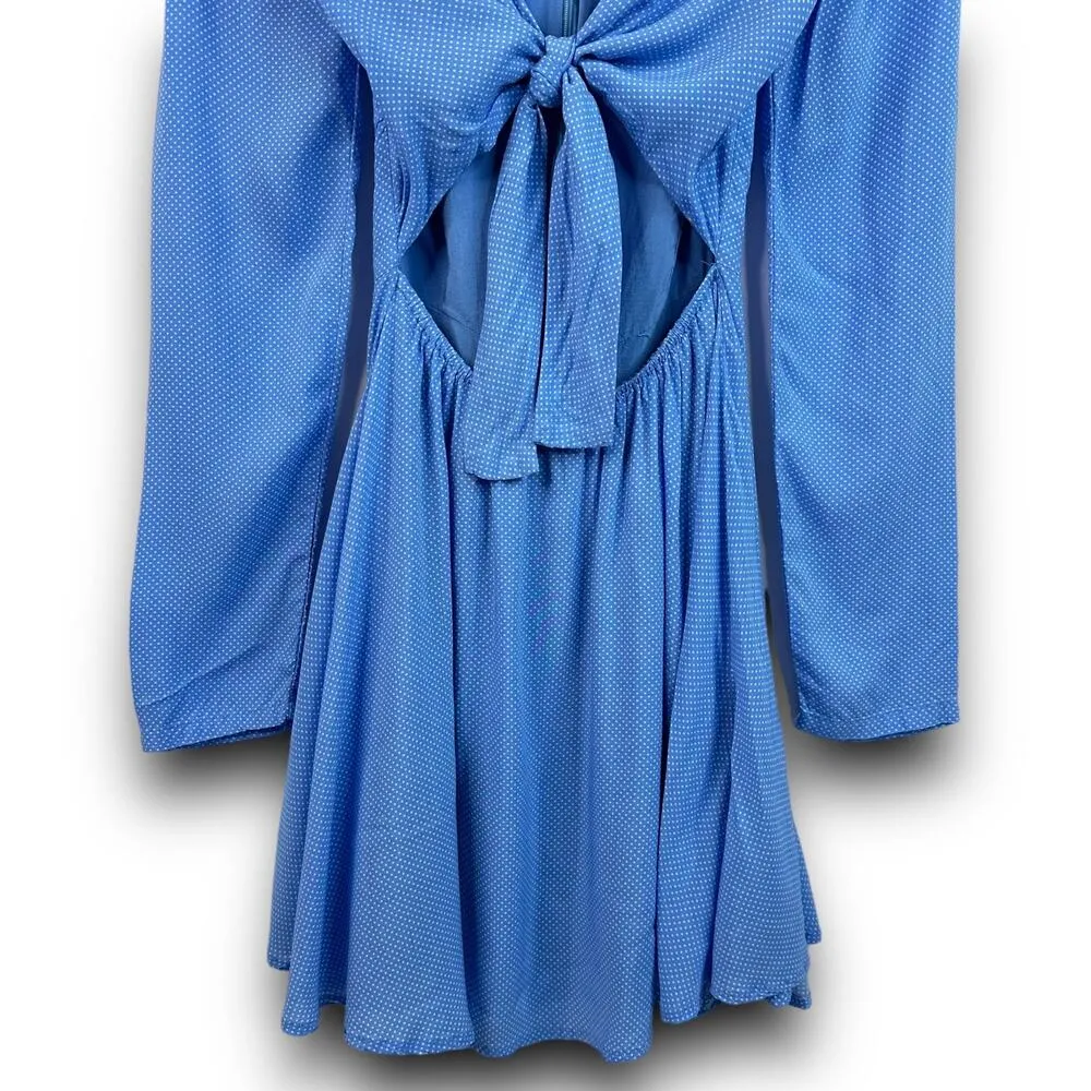 Skylar and Madison Blue Cut Out Tie Front Mini Dress White Microdot Size Small - Image 4