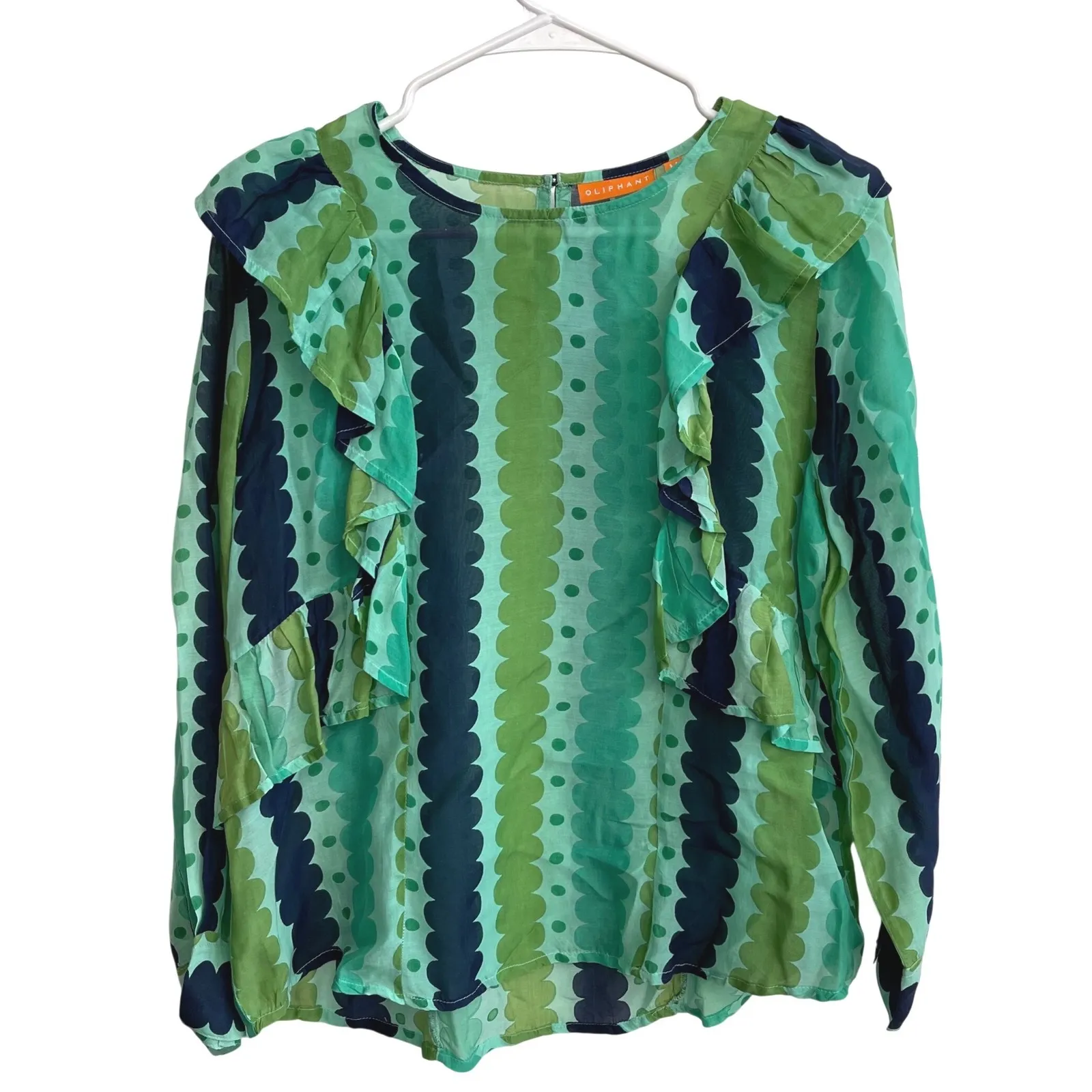 Oliphant Meko Side Ruffle Top Green Scallop Dot Print Silk Cotton Blend Medium - Image 2