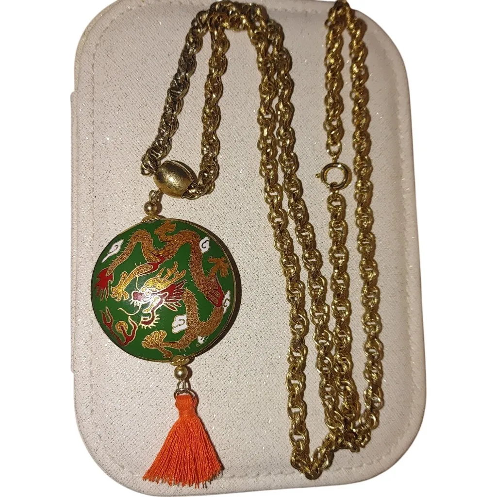 Cloisonné Dragon Pendant Necklace Long 30 Vintage Gold Tone Chain Orange Tassel - Image 4
