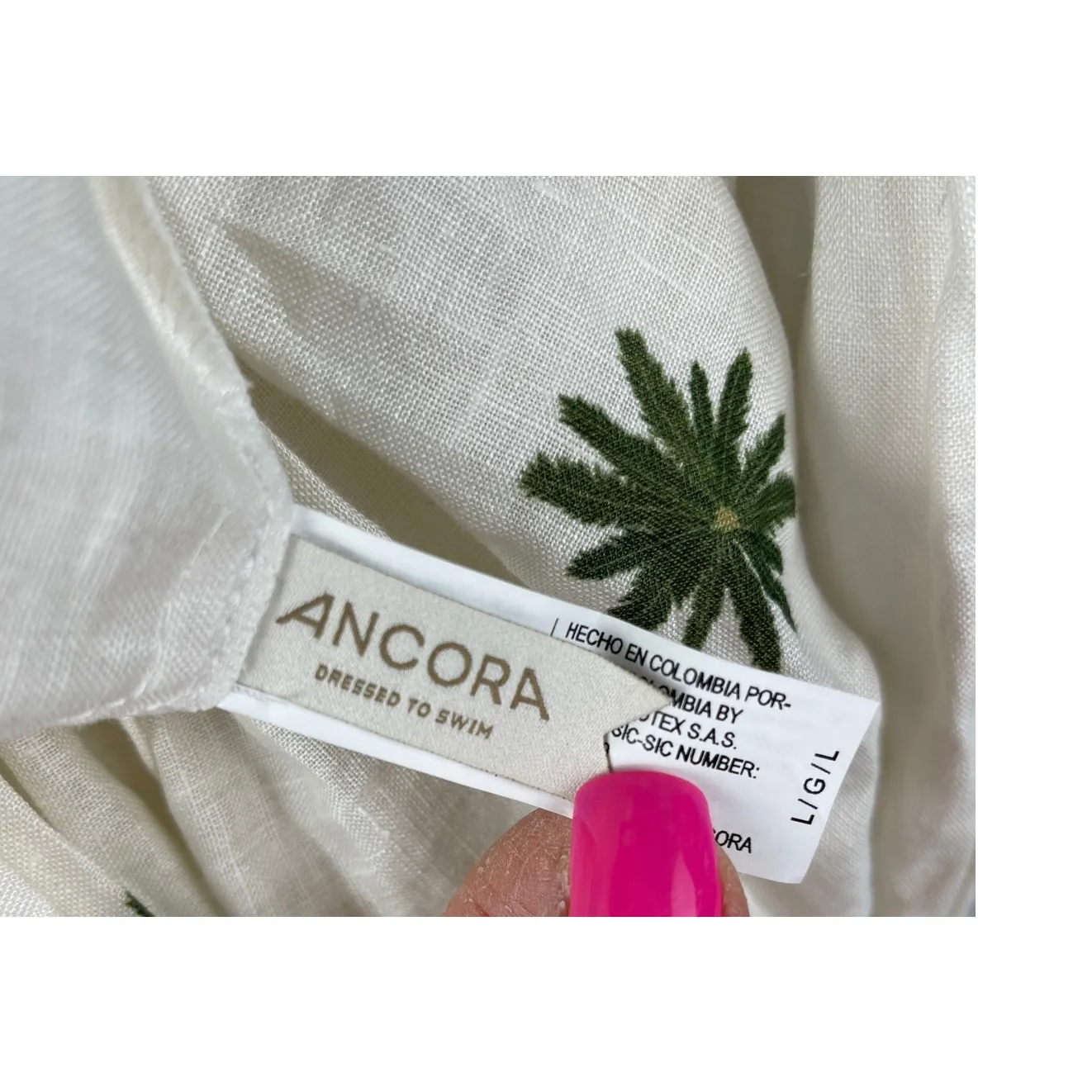 ANCORA The Shaded Mermaid Draped Palm Tree Dress Linen Size Large Green - Image 11