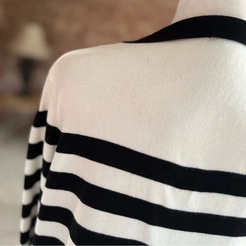 Ivory Cardigan Open Front Striped Black Pink Shimmer Duster Knit M Long Casual - Image 8