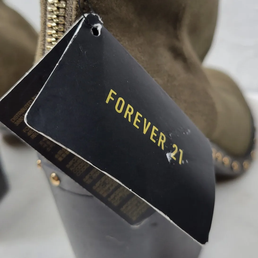 Forever 21 Suede Boots Womens 7 Green Leather Gold‎ Rivets Block Heel Zipper New - Image 10