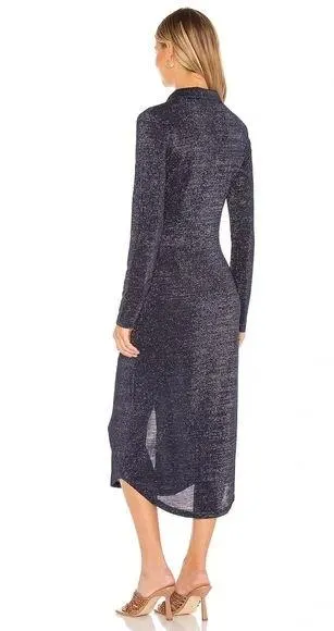 Suboo / Revolve Asha Metallic Lurex Ruched Midi Shirt Dress in Navy - Image 3