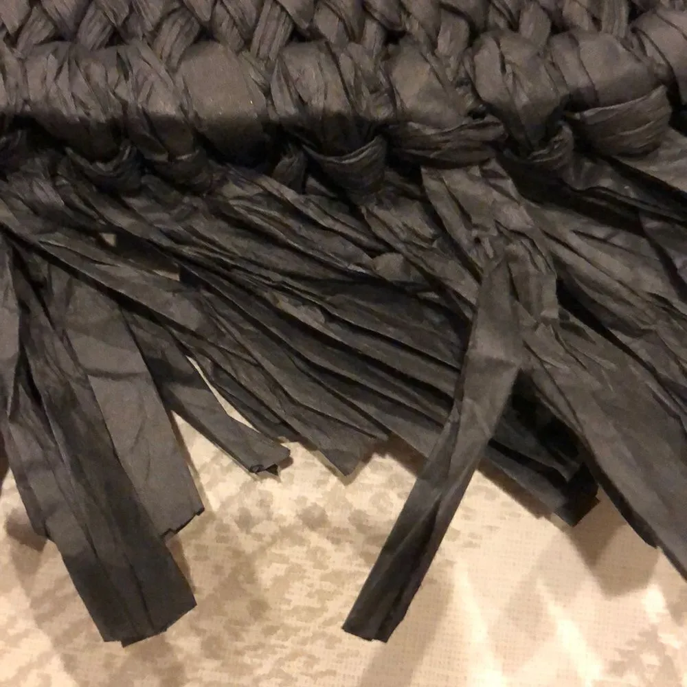 Btb Black Fringe Half Round Straw Tote Bag with Pom Poms and Heart Patches - Image 7