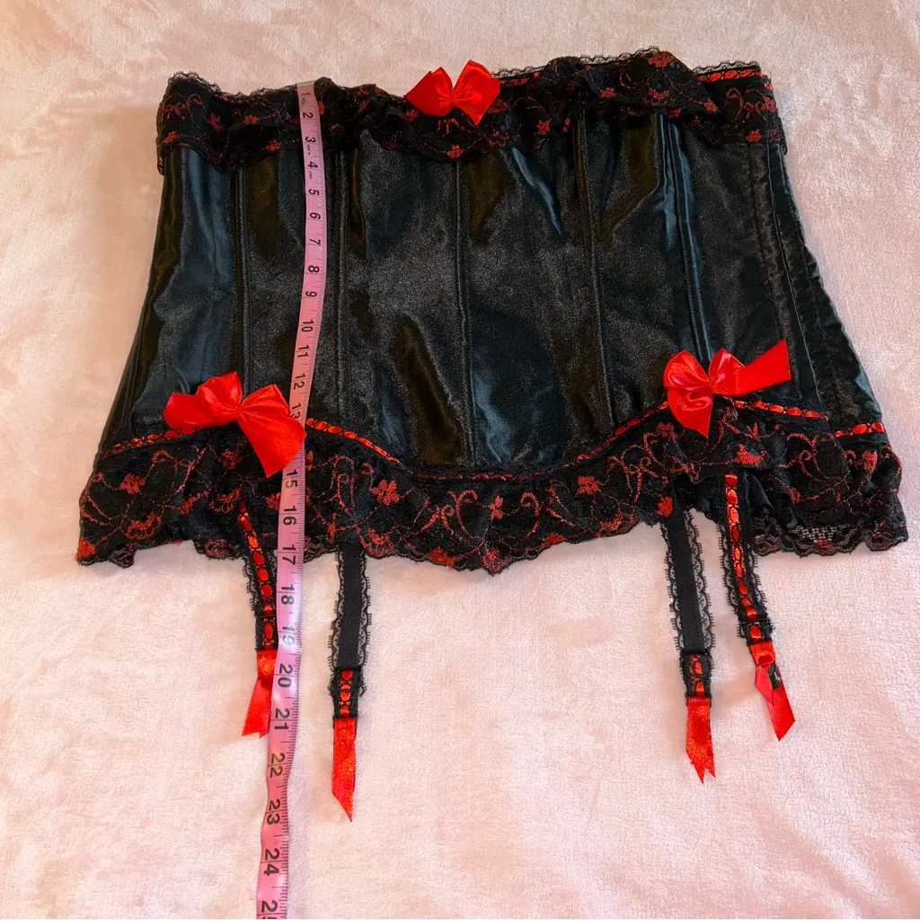 Black and red satin and lace corset with bows garters size 6X goth whimsigoth - Image 6