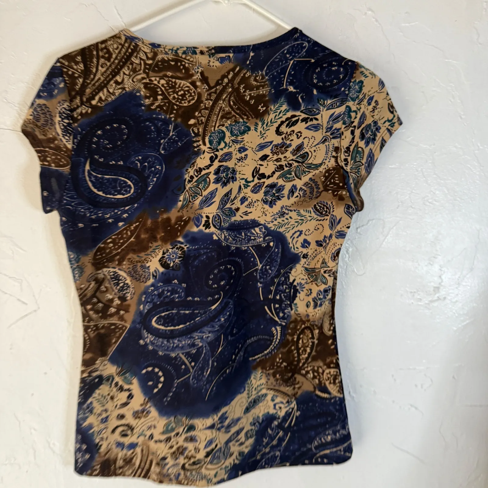 Suzie in the‎ City Y2k Paisley Print V Neck Short Sleeve Top M Brown Blue Boho Size M - Image 5