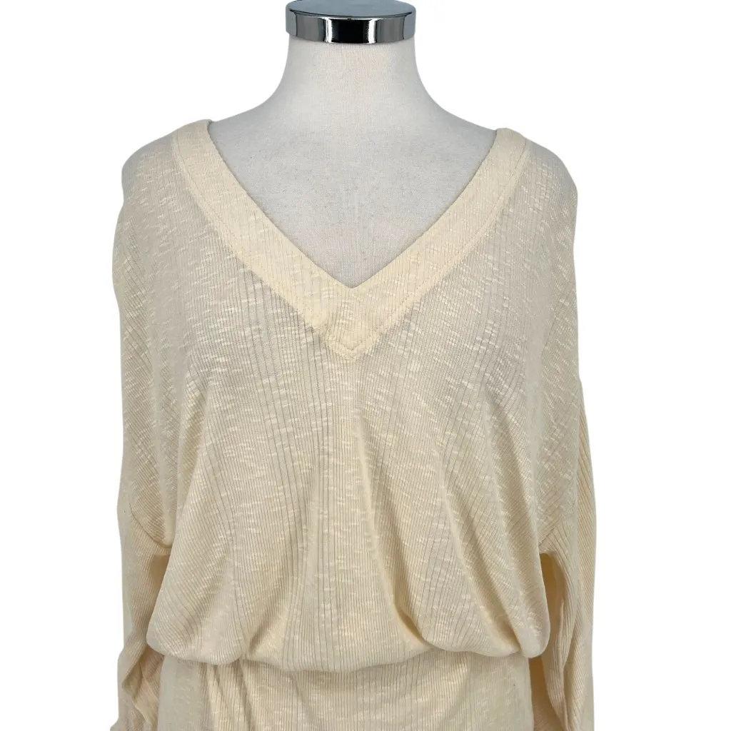 Free People Beach Bambi Mini Dress Ruched Sleeve V-Neck Ivory Cream Size Large - Image 2