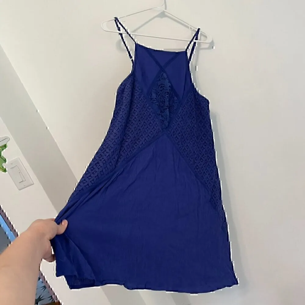 XHILARATION Cobalt Blue Floral Crochet Lace Trim Square Neck Trapeze Swing Dress - Image 6