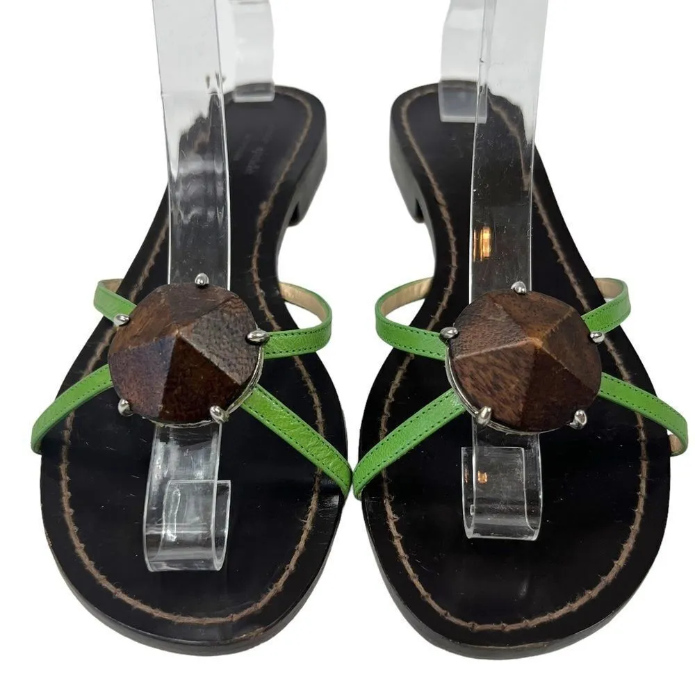 Kate Spade Green Leather Flat Sandals with wooden center ornament. - Image 4