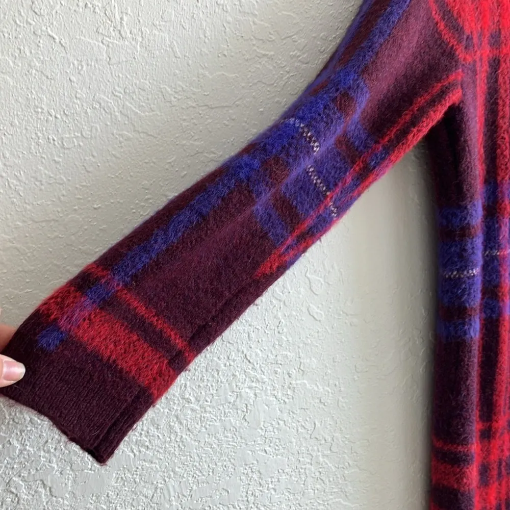 Ann Taylor Cardigan Sweater Plaid Maroon Blue Red Coat Long Medium Petite - Image 9