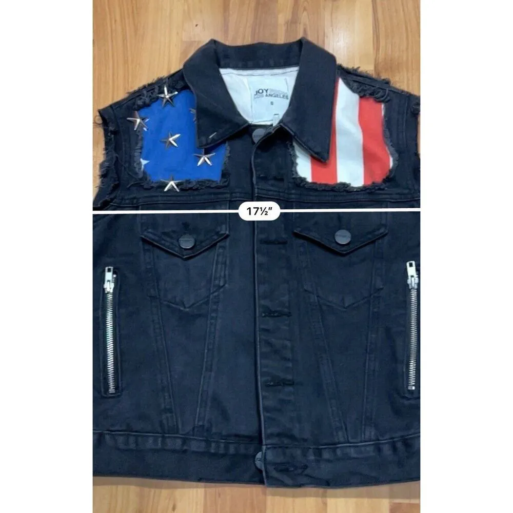 JoyRich Los Angeles Sleeveless American Flag Black Denim Jacket Women’s Small - Image 8