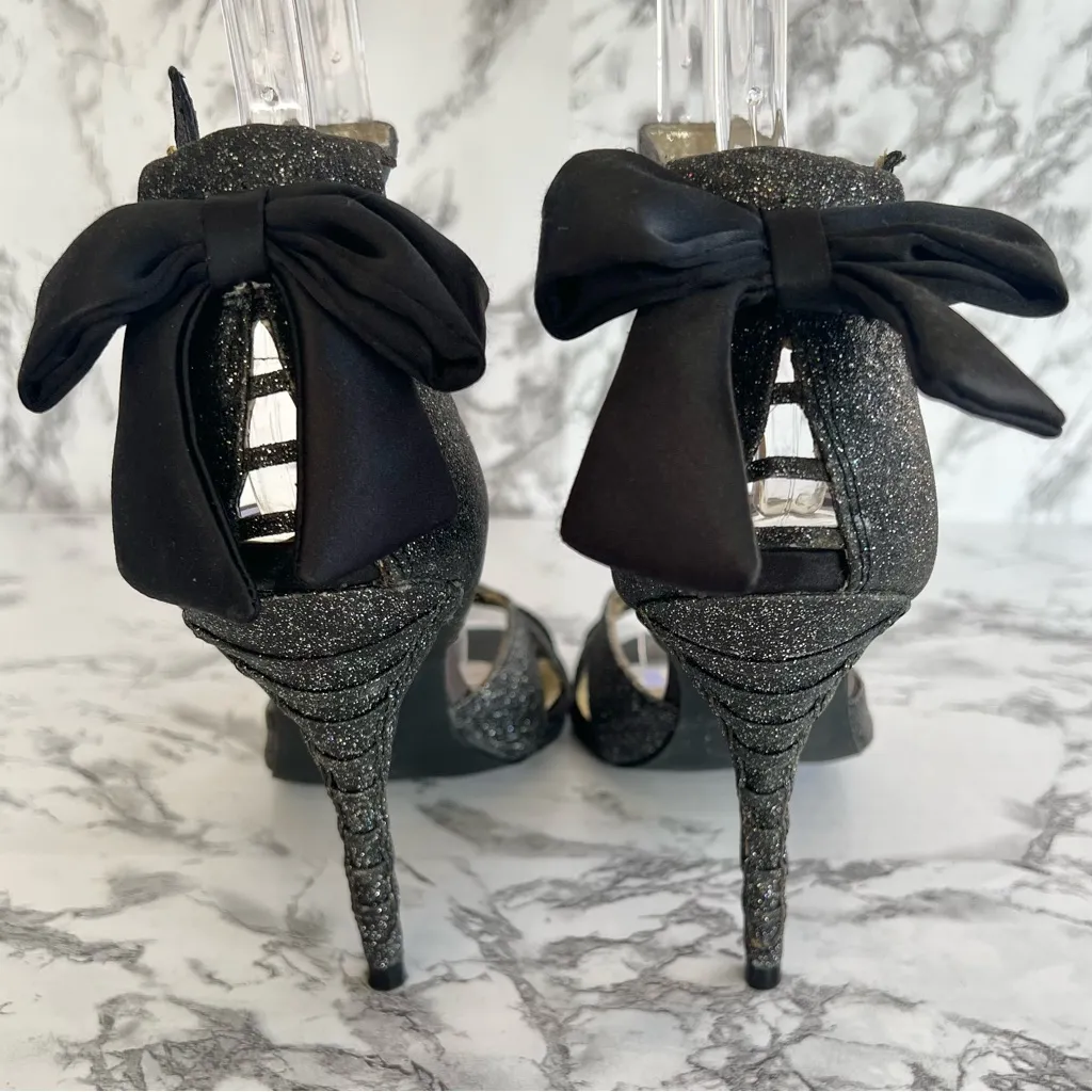 Steve Madden Luxe Craze Sandals Black Bow Ankle Strap Glitter 7.5 Cocktail - Image 5