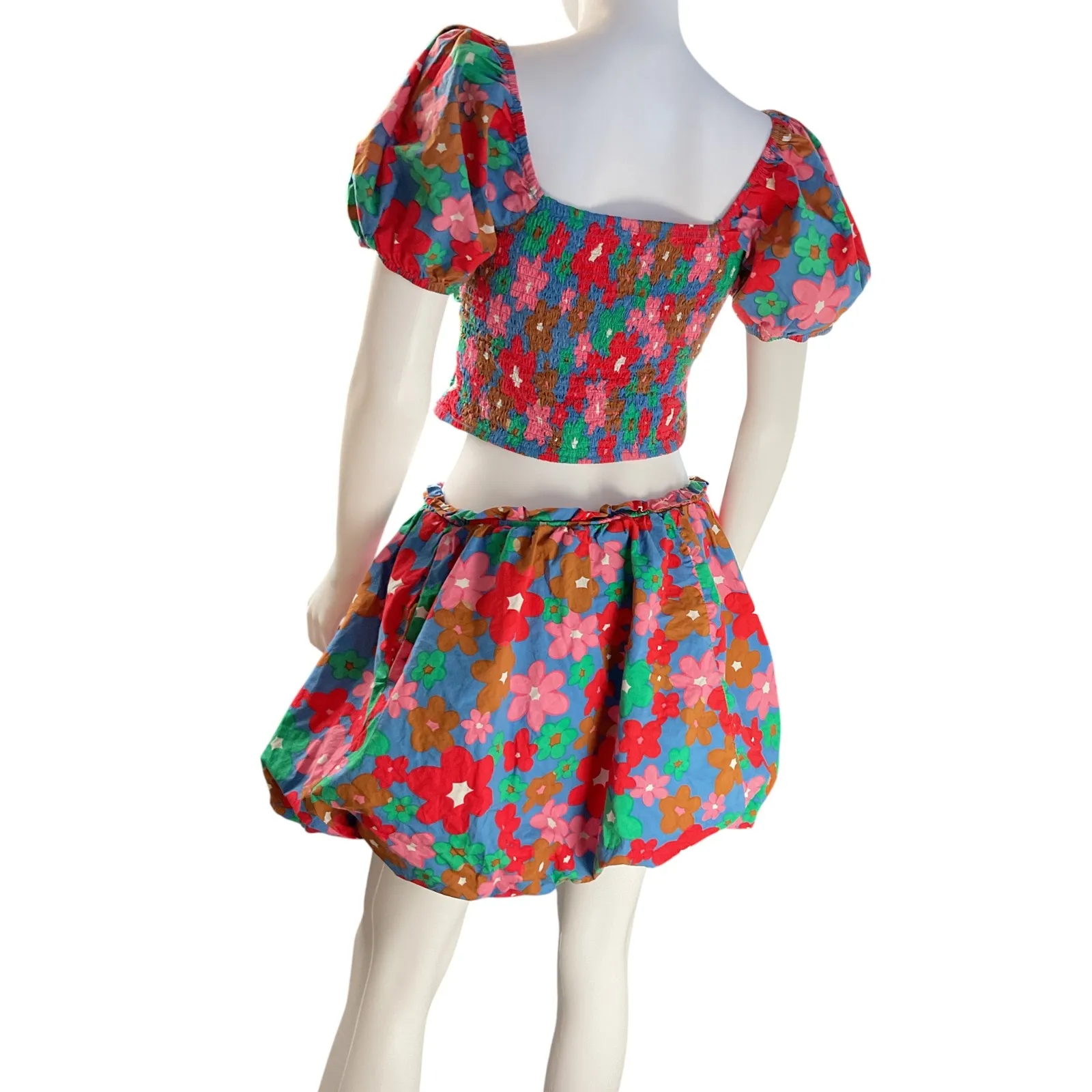Entro Floral Two‎ Piece Set Crop Top Bubble Skirt Summer Outfit Size L - Image 4