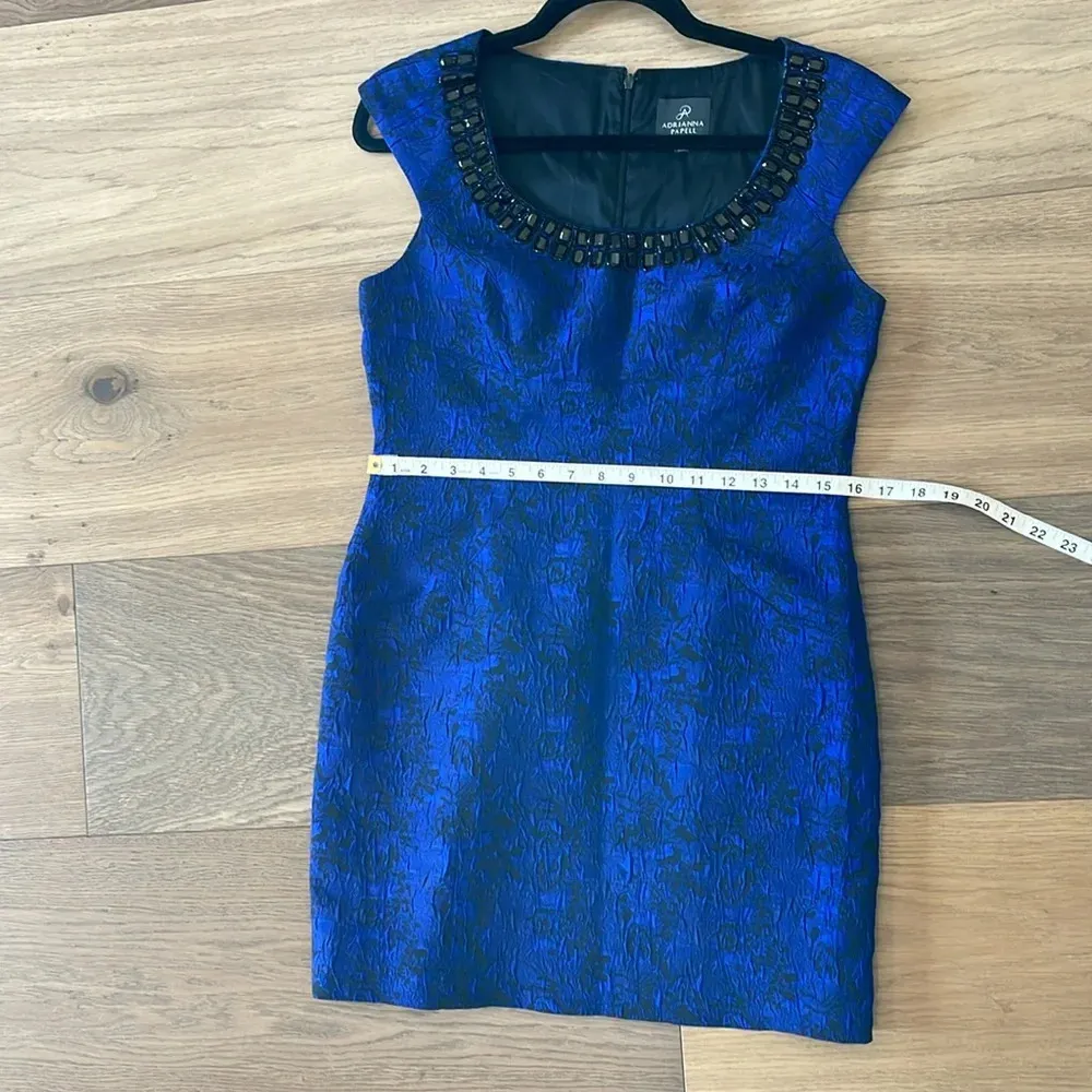 Adrianna Papell Black Blue Jacquard Brocade Beaded Embellished Sheath Dress 8P - Image 5