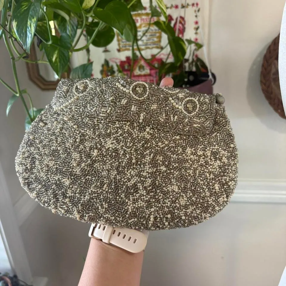 Vintage Beaded Small Shoulder Bag Silver Evening Purse Glam Accessories - Image 3