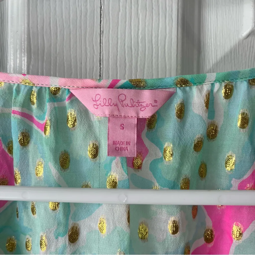 Lilly Pulitzer Rilla Sheer Tropical Pink Sands with Gold Metallic Blouse - Small - Image 3
