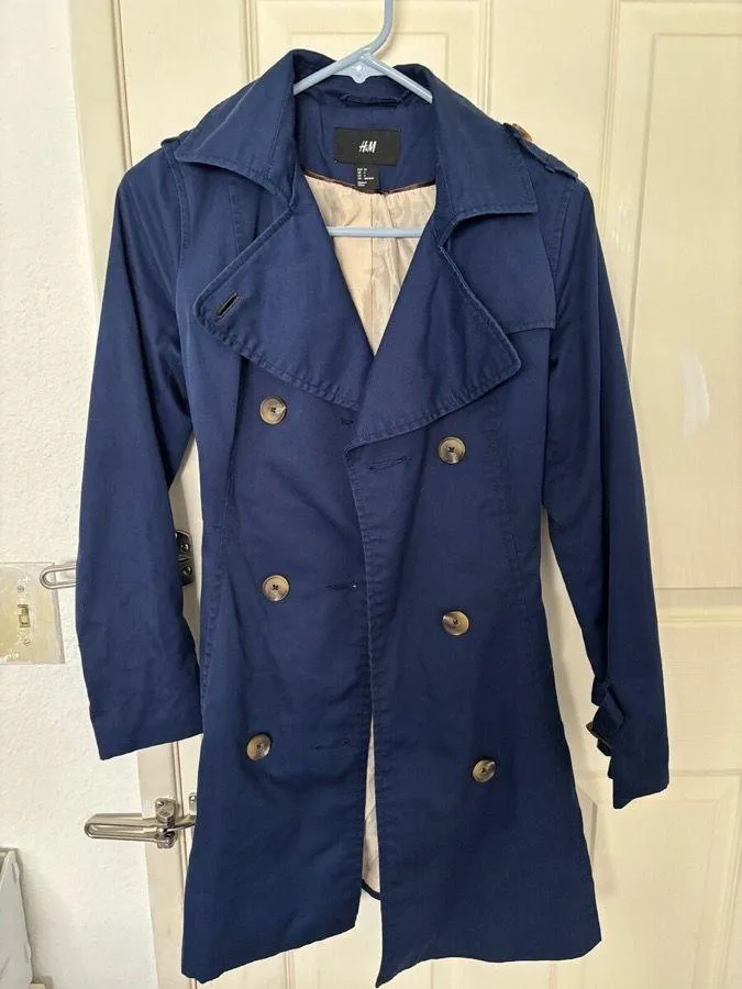 H&M Dark Navy Blue Trench Coat Winter Tie Waist Short Jacket - Image 2