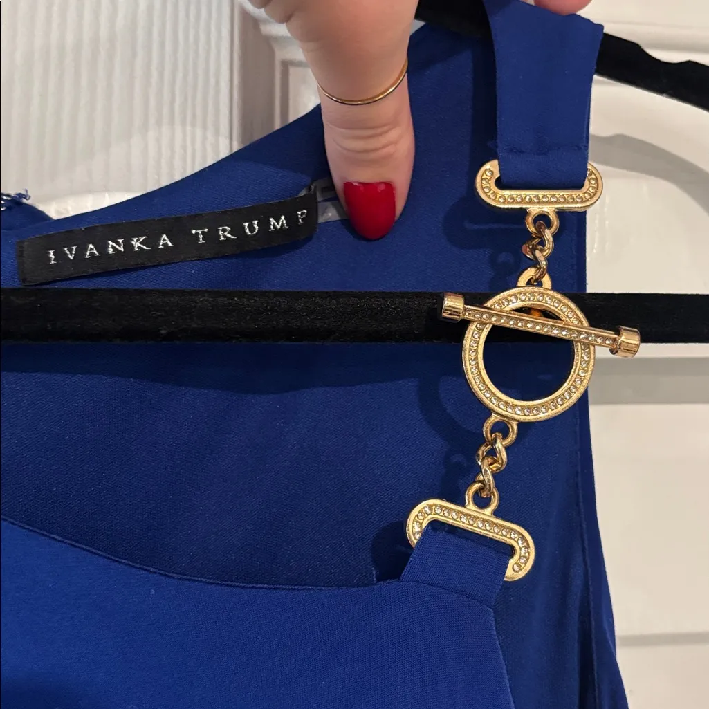 Size 6 ivanka trump royal blue mini dress with gold shoulder detail - Image 3