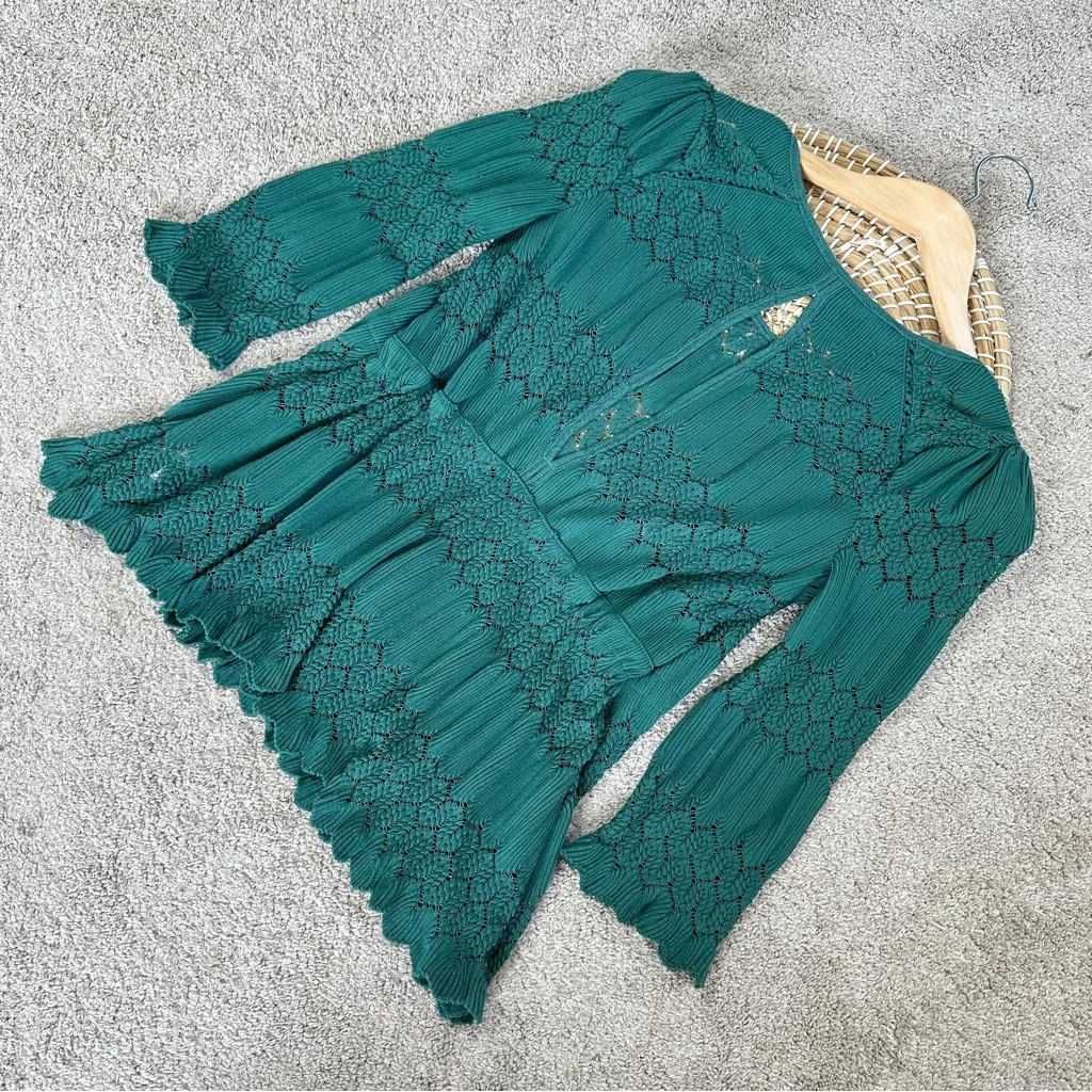 Free People Women’s Fire Island Knit Crochet Blouse Top Cottagecore in Green XS - Image 8