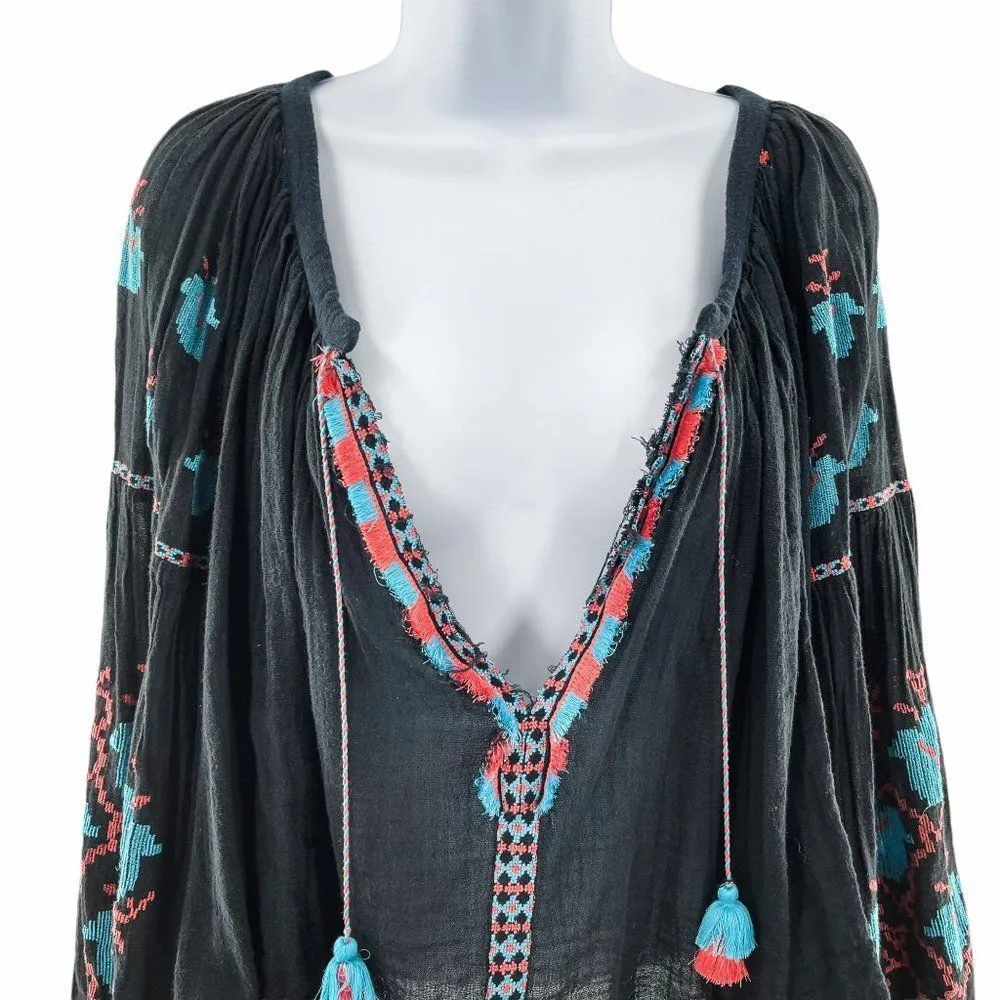 Free People FP One Embroidered Tassel Tie Top Small Navy Blue - Image 52