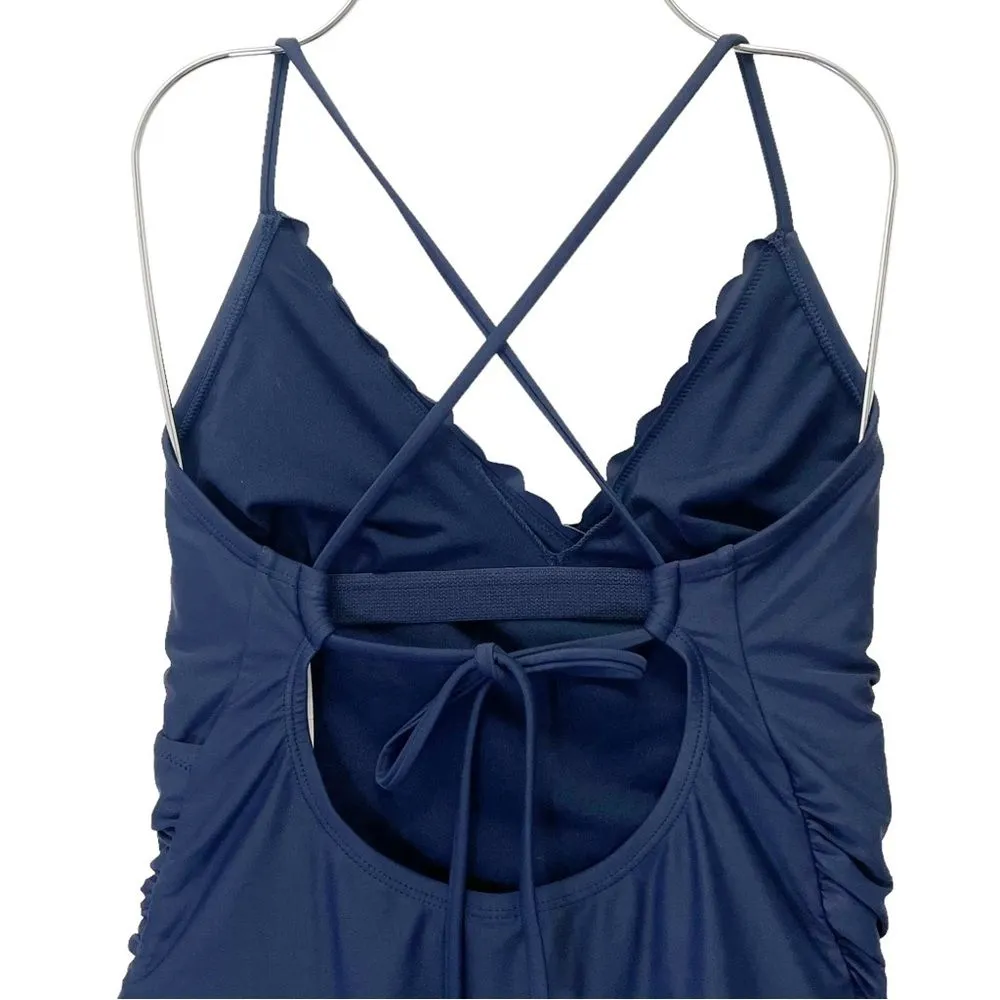 NWT GAP Scallop Trim One Piece Strappy Ruched Swimsuit Navy Blue Size Medium NEW - Image 8
