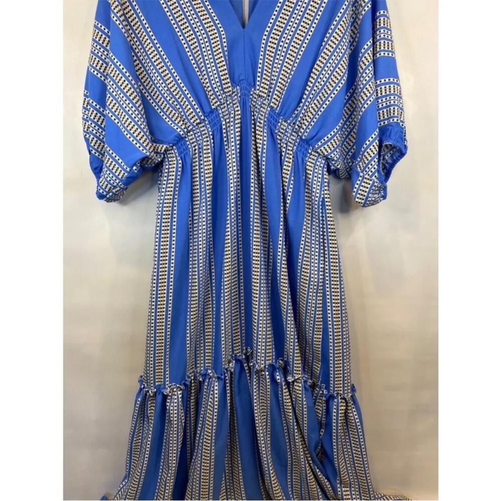 Taylor Blue Dot Striped V Neck Elbow Length Sleeve Tiered Maxi Dress EUC 14 - Image 4
