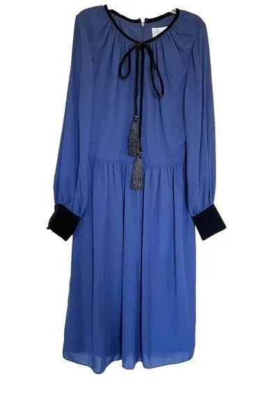 Mikael Aghal Front Tie Long Sleeve Velvet Trim Midi Dress Blue Women's Size 8 - Image 1