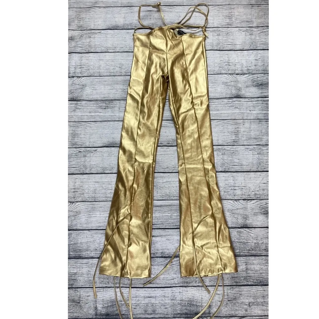 Sublime Havoc Gold Skintight String Leather Y2K Trouser Pants Sz M Grunge Biker Size M - Image 5