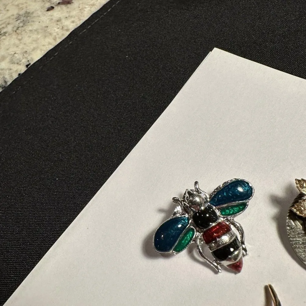 Lot Of 3 Rhinestone Brooch Pins Hummingbird Bird, Flower & Bug - Image 2