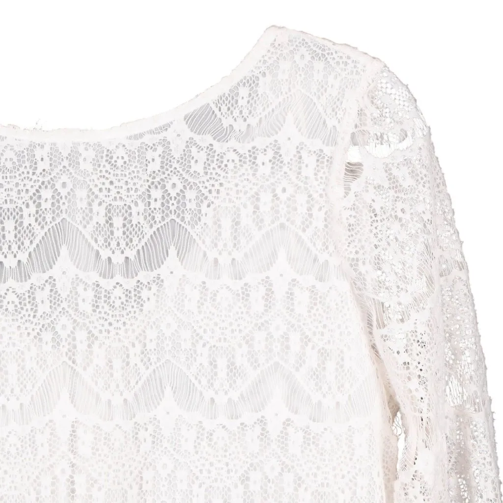 Lace Sheer Top L White 3/4 Sleeve Back Zipper Shirt Boho Hippie Delicate Blouse - Image 2