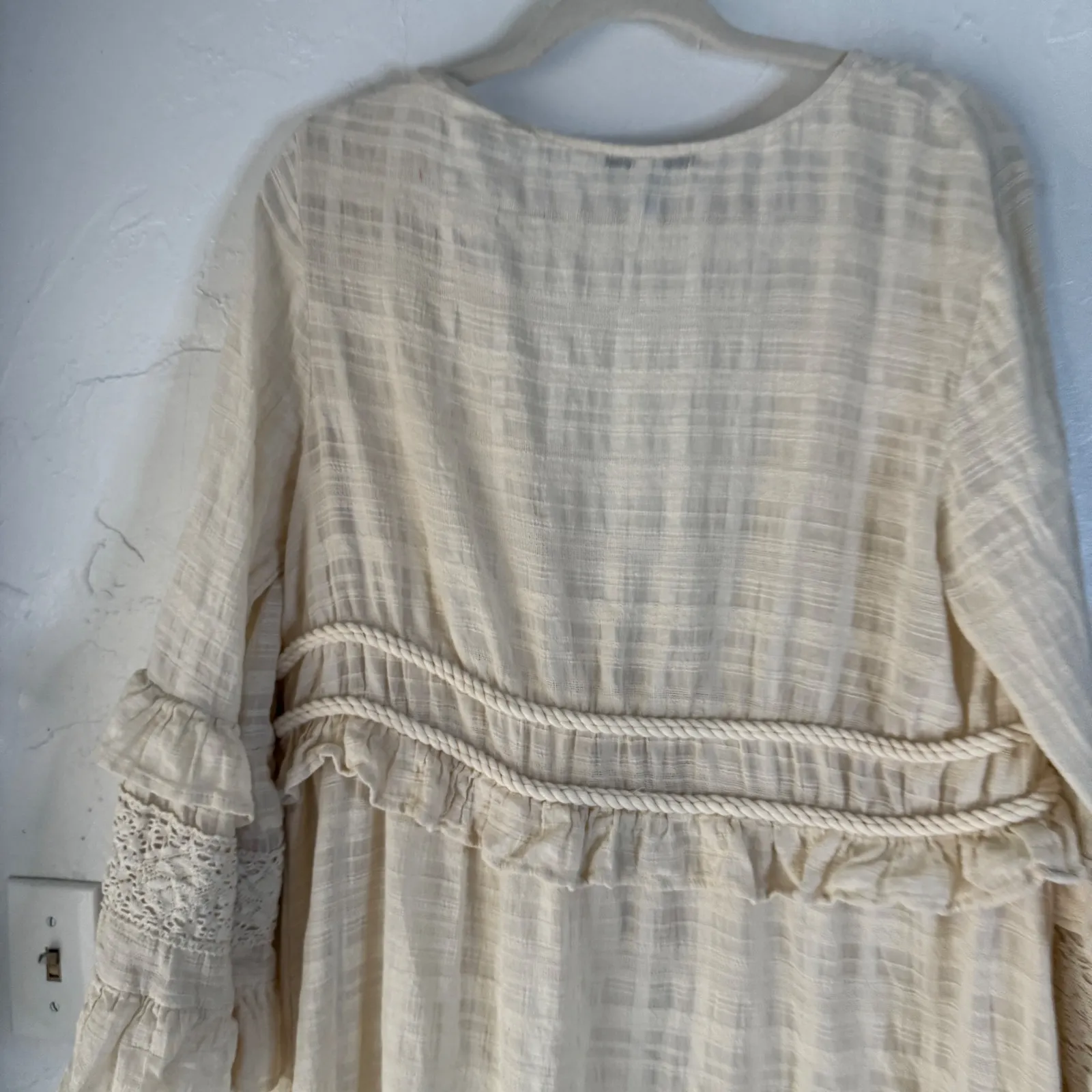 Peace Love‎ World Beige Cotton Lace Trimmed Ruffle Sl Duster Kimono Cardigan L - Image 8