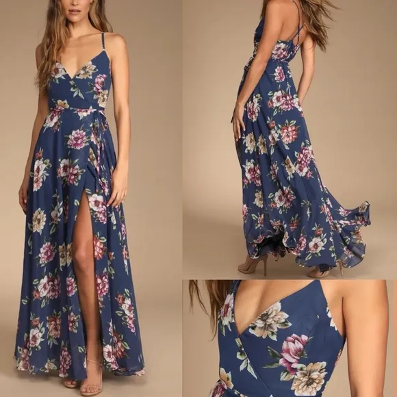 Lulus Always There For Me Navy Blue Floral Print Wrap Maxi Dress NWT | XS - Image 2