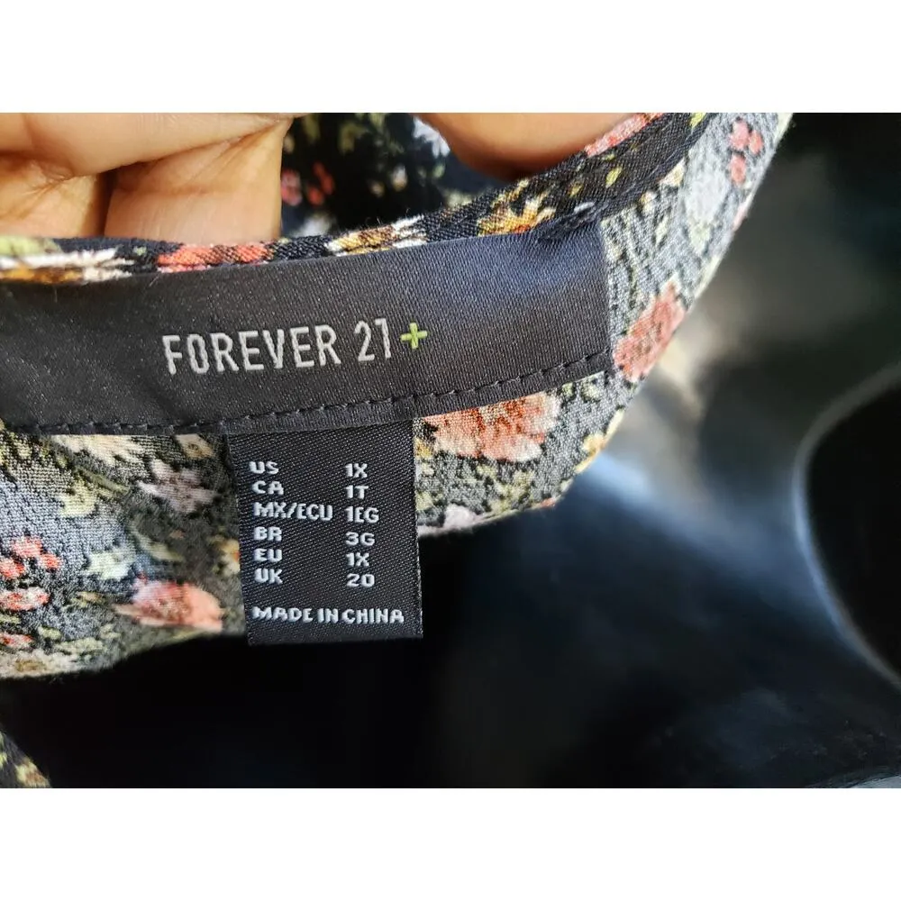 Forever 21 Long Maxi Dress Womens 1X Black Floral High Thigh Slit Plunge V Neck - Image 2