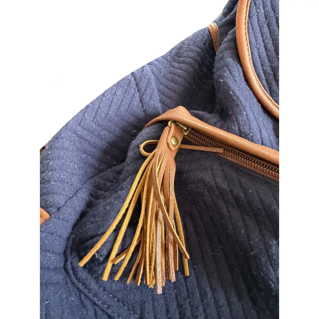 Madden Girl Quilted Lined Mini Backpack Brown Leather Navy Cotton Boho - Image 3