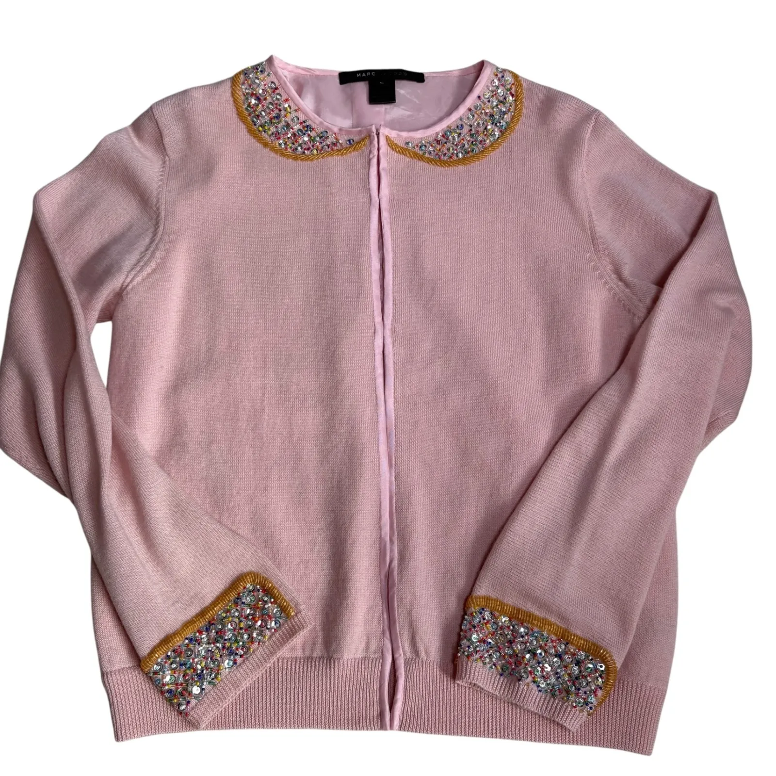 Marc Jacobs Pink Beaded Wool‎ Peter Pan Collar Cardigan Sweater Women's Size L - Image 4