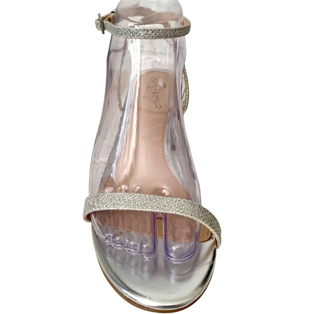 Jewel Badgley Mischka Silver Glitter Ankle Strap Block Heel Sandals 7.5 Dressy - Image 3