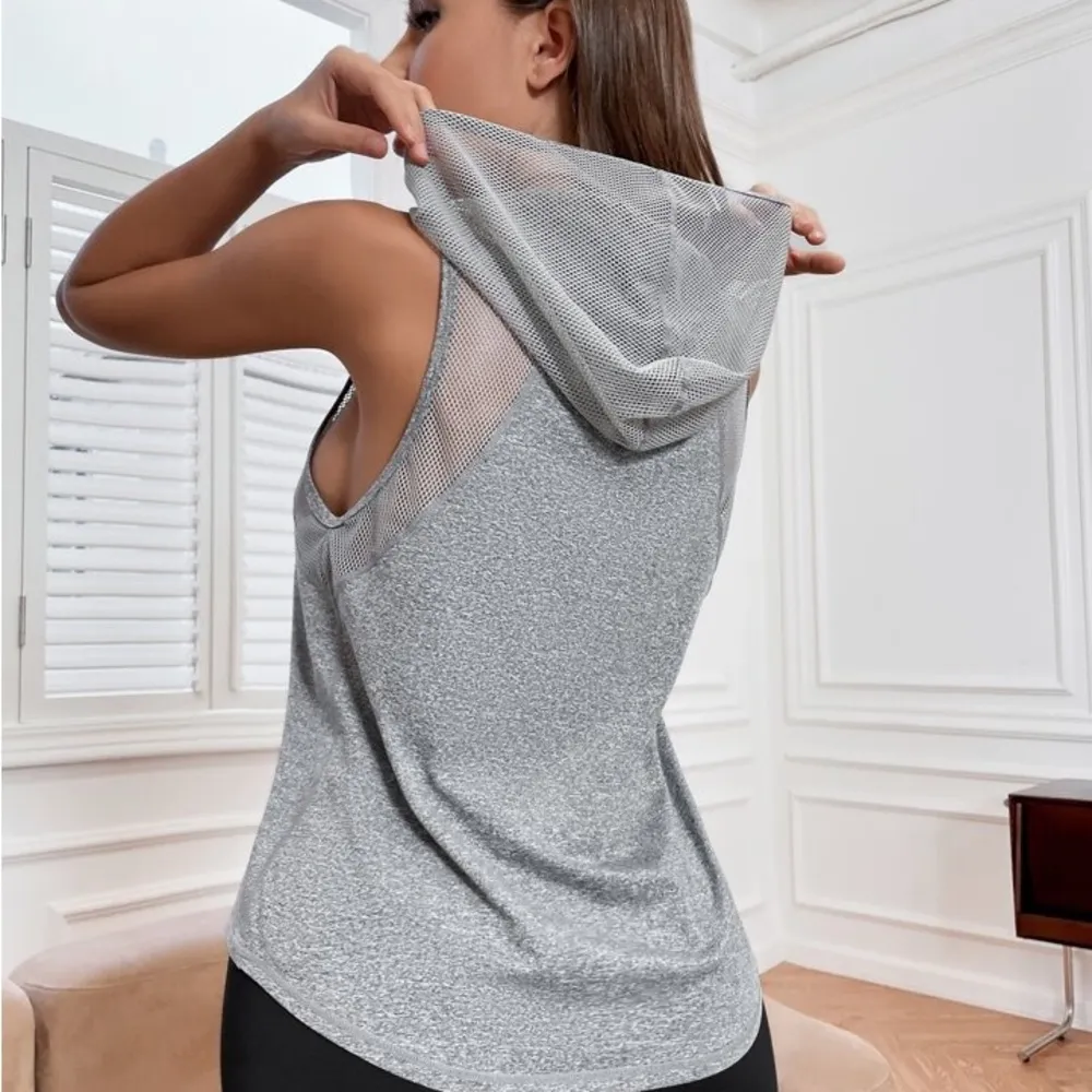 Women’s Breathable Gray Hooded Athletic Sleeveless Tank Top Mesh Medium - Image 2