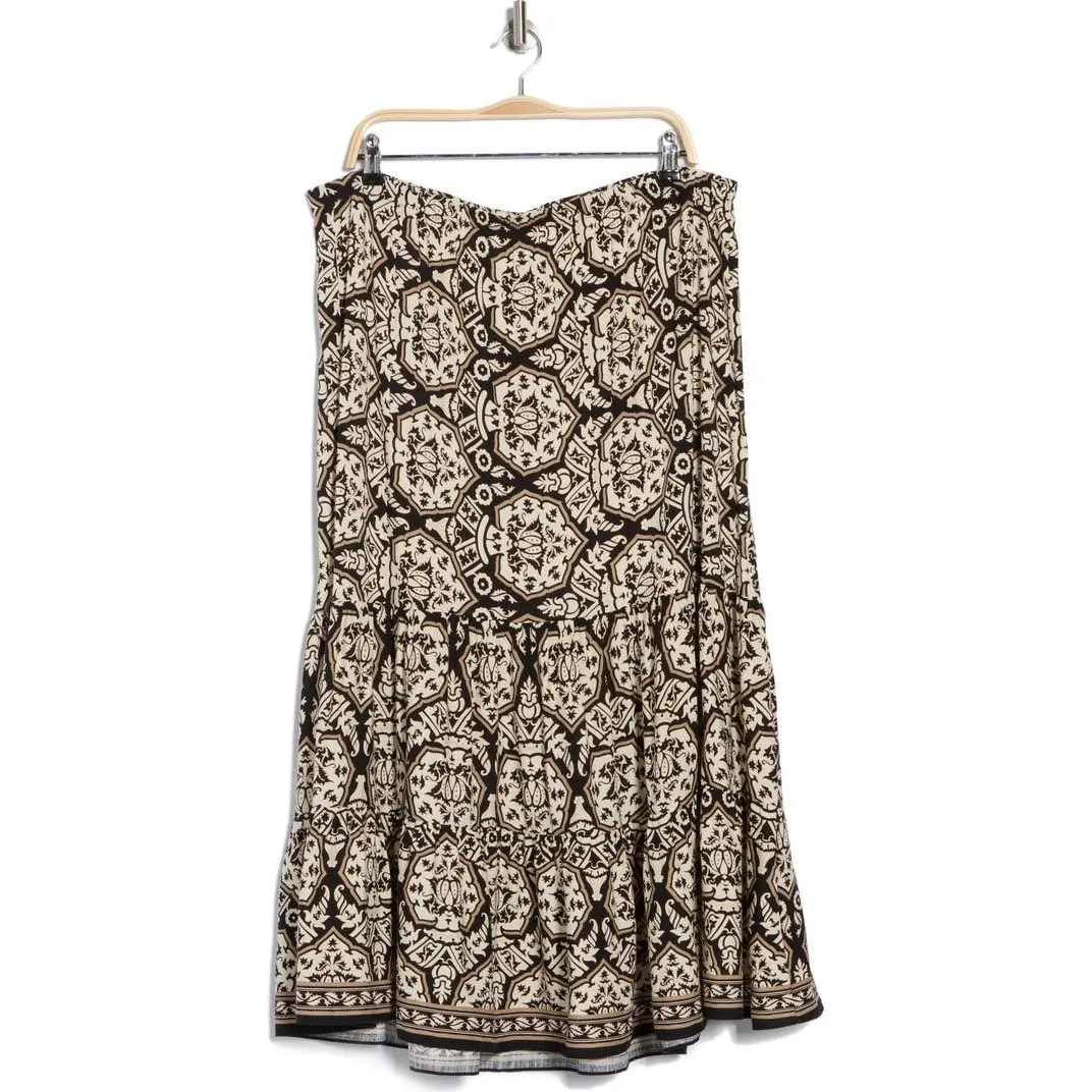 MAX STUDIO Tiered Maxi Skirt BLACK/ SESAME DAMSK SHELL Black Tan Festival 1X NWT - Image 3