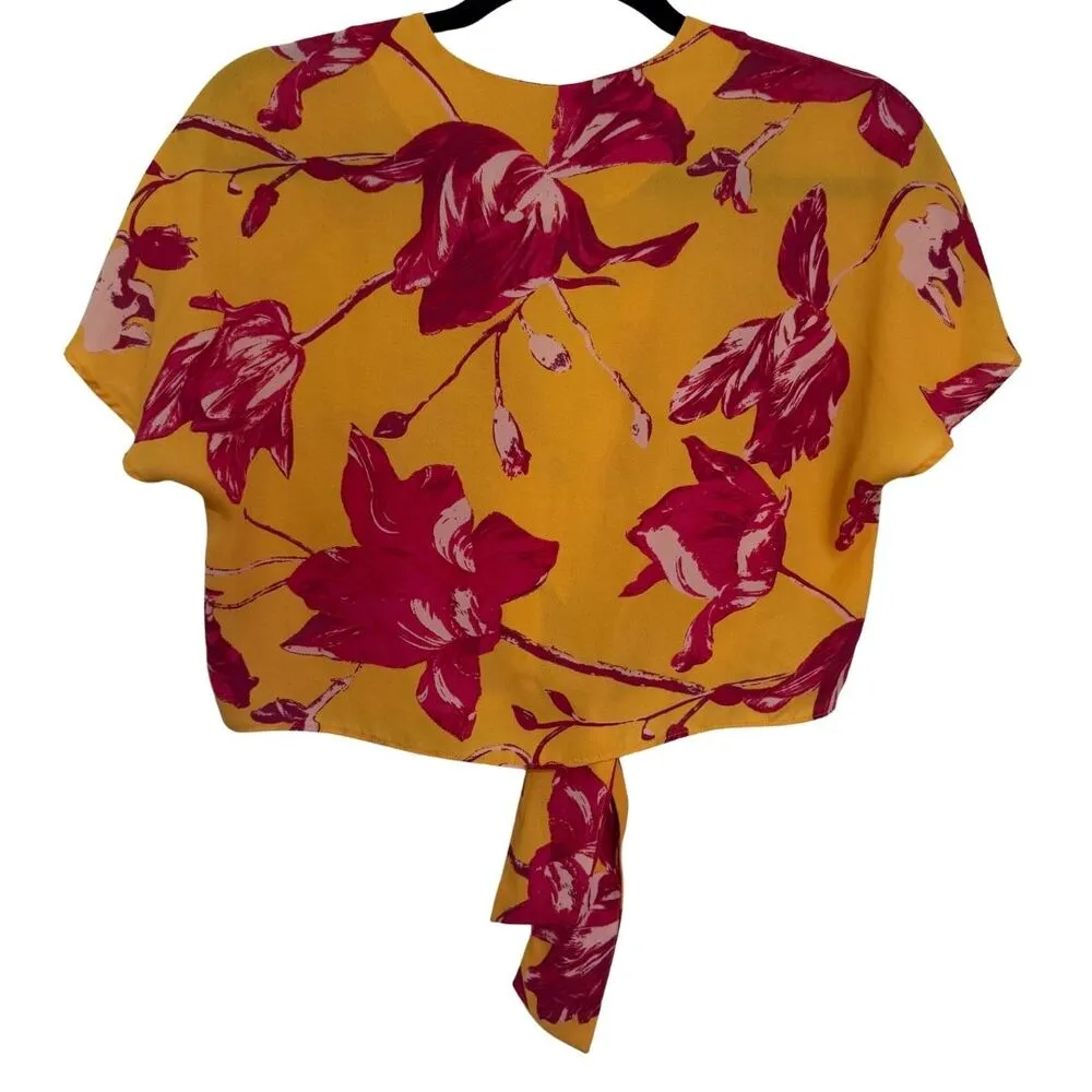 COLOR ME COURTNEY Lori Wrap Tie Front Cropped Top Blouse Yellow Pink EUC Small - Image 5