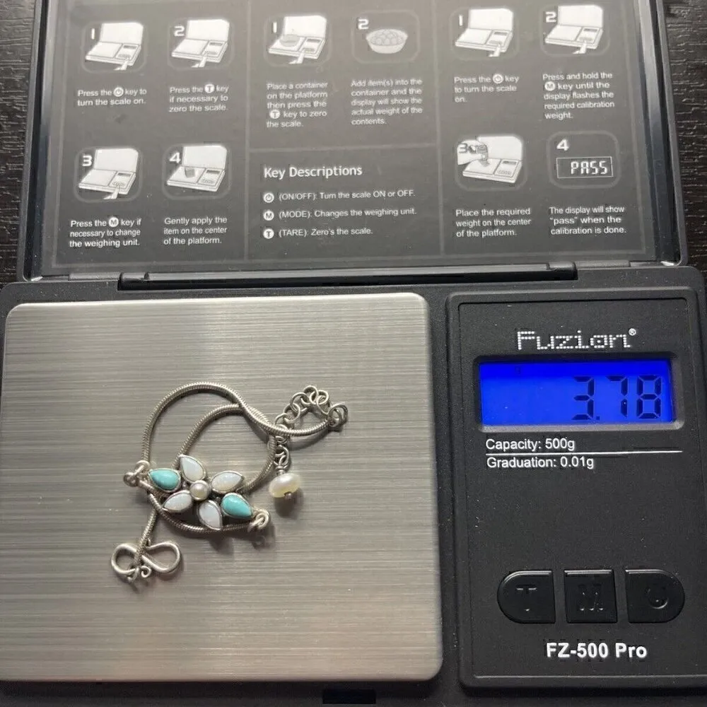 Native American Zuni Sterling Silver Turquoise MOP Flower Bracelet 925 SI Vtg - Image 13