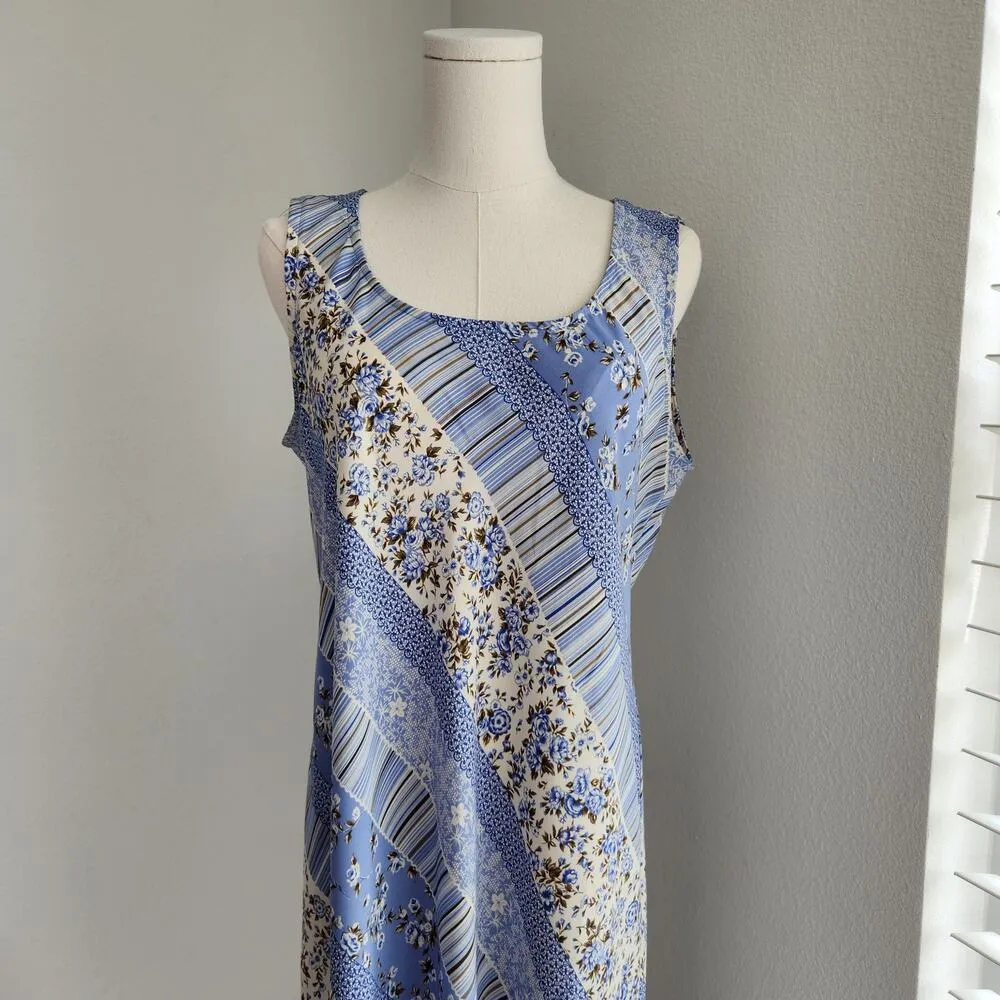 Vintage Dressbarn Blue Floral Diagonal Striped Sheath Sleeveless Maxi Dress M - Image 2